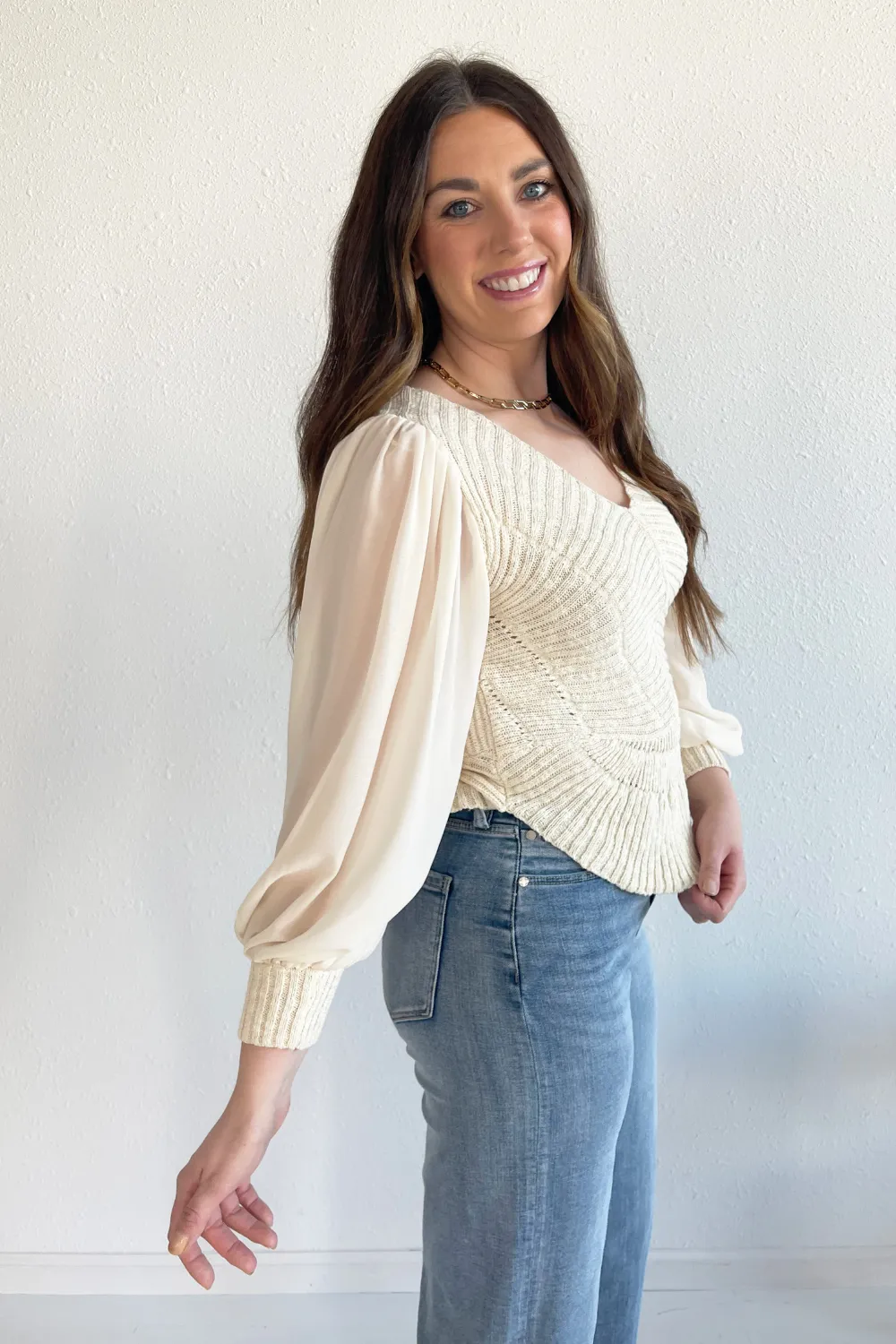 Balloon Sleeve V-Neck Blouse