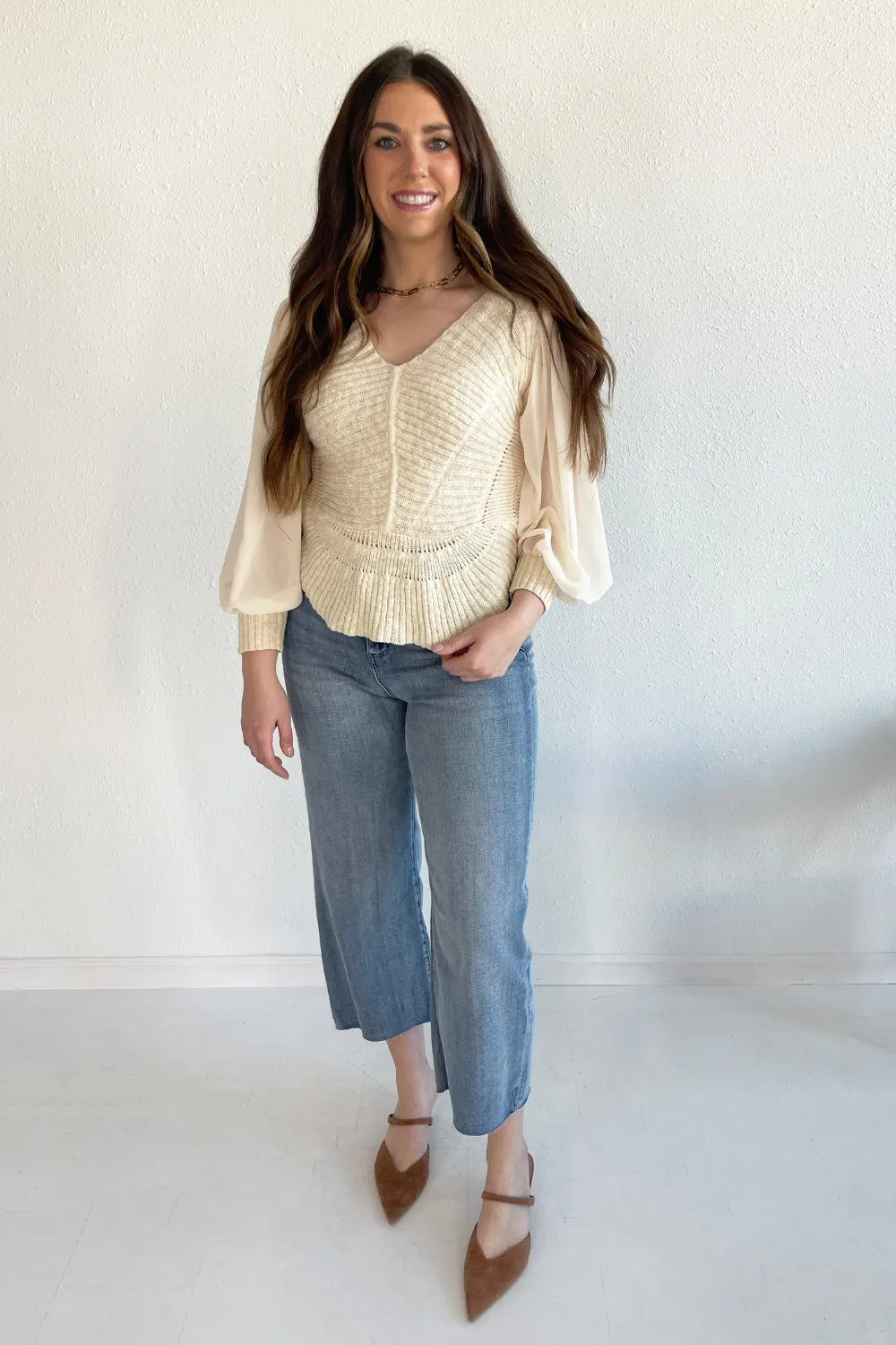 Balloon Sleeve V-Neck Blouse