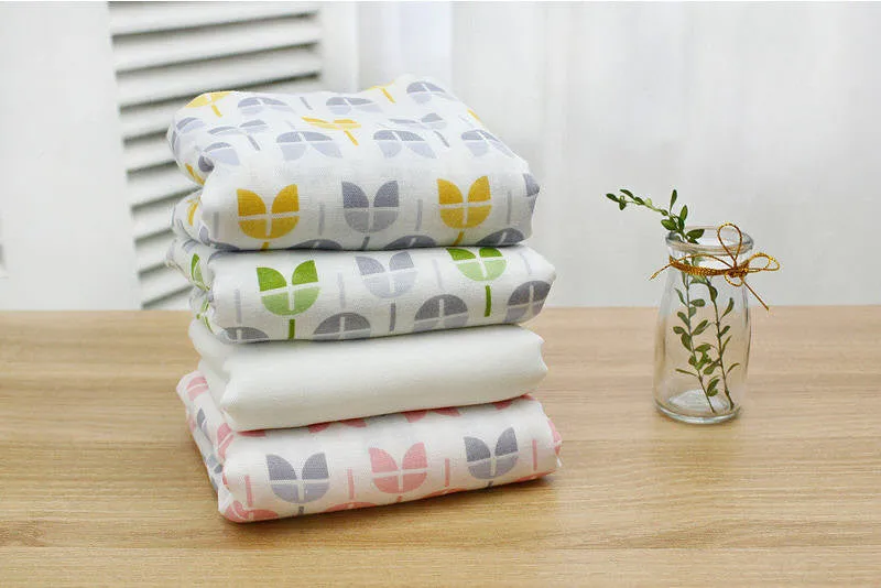 Bamboo Cotton Gauze - Tulips - Pink, Green, Yellow or Solid Off White - 44" Wide - By the Yard 75361
