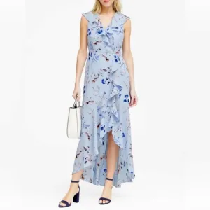 Banana Republic Spring Floral Faux Wrap Maxi Dress Sz 10 Petite Soft Blue