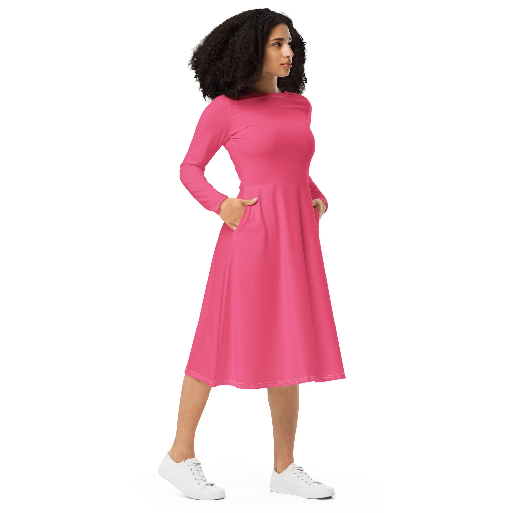 Barbie Pink all-over print long sleeve midi dress