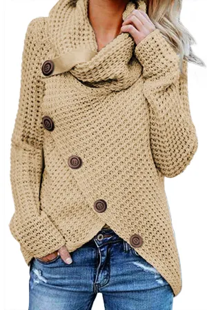 Beige Buttoned Wrap Turtleneck Sweater
