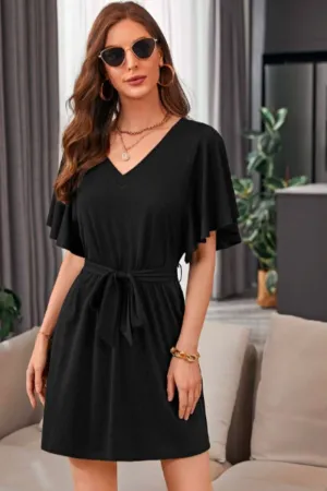 Bell Sleeve Belted Solid Dress