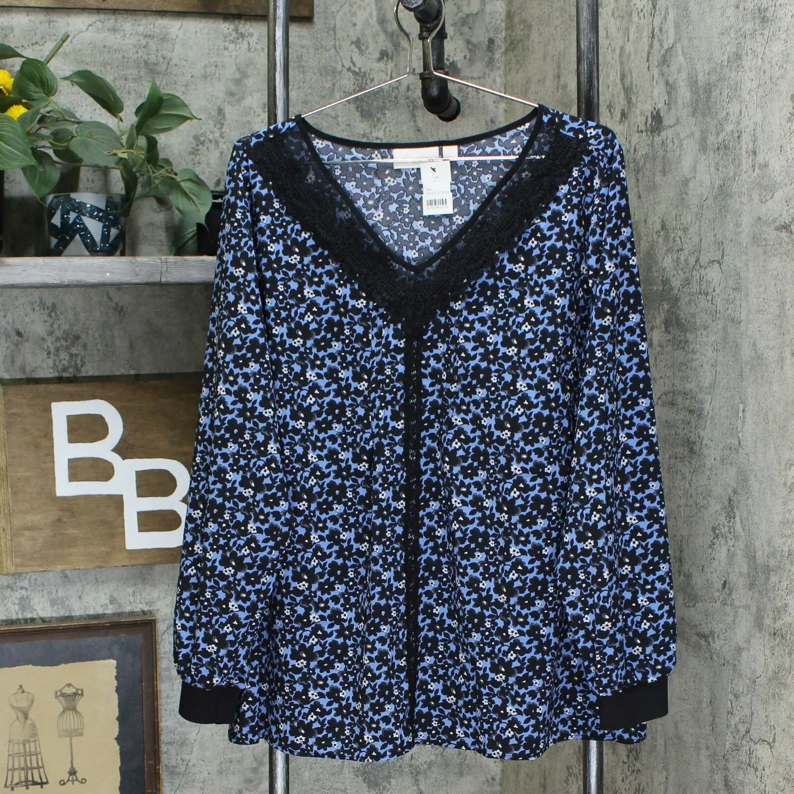 Belle by Kim Gravel Mesh And Crochet V-Neck Blouse With Rib Cuffs