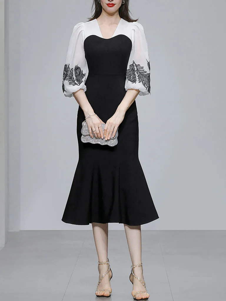 Black 1960S V Neck Vintage Puff Sleeve Bodycon Dress