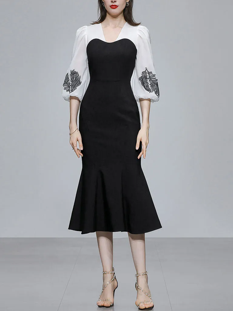 Black 1960S V Neck Vintage Puff Sleeve Bodycon Dress