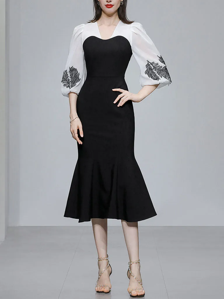 Black 1960S V Neck Vintage Puff Sleeve Bodycon Dress
