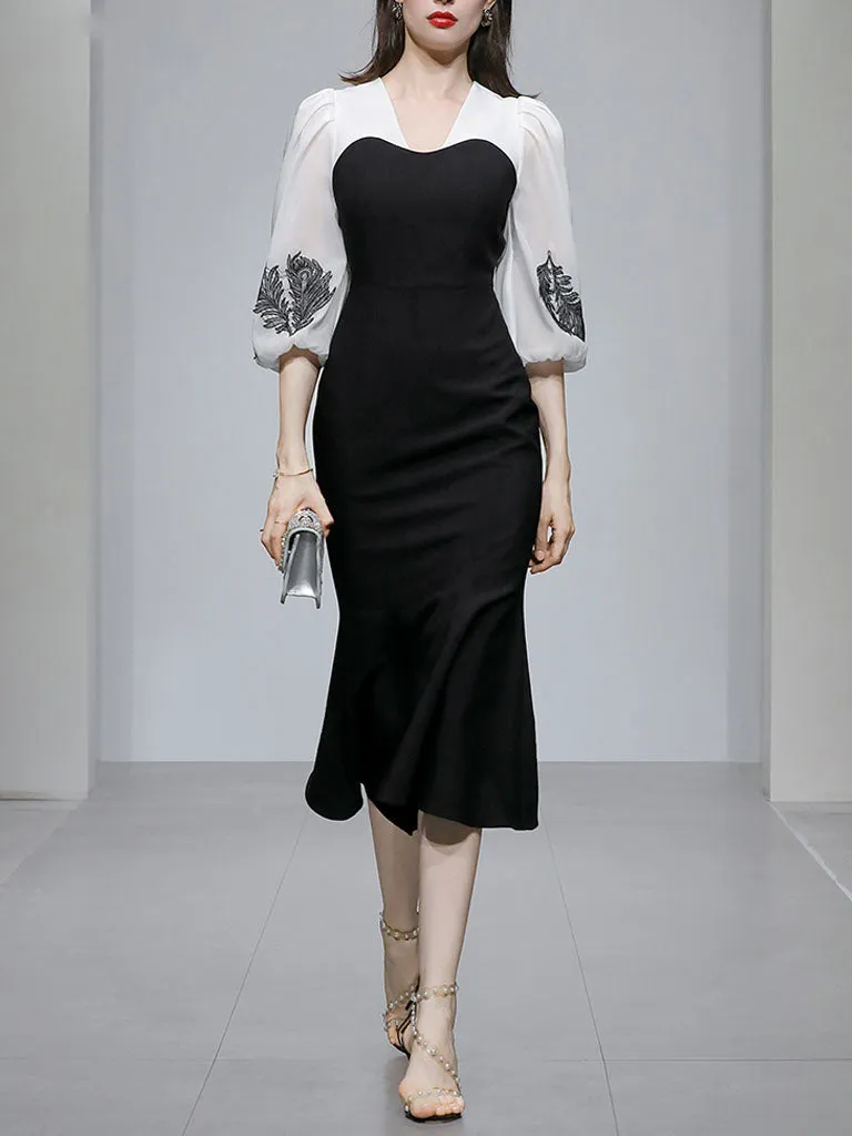 Black 1960S V Neck Vintage Puff Sleeve Bodycon Dress