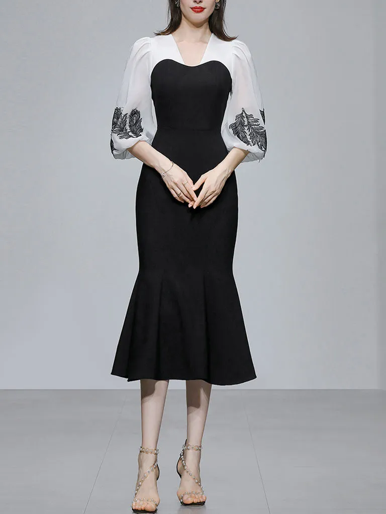Black 1960S V Neck Vintage Puff Sleeve Bodycon Dress