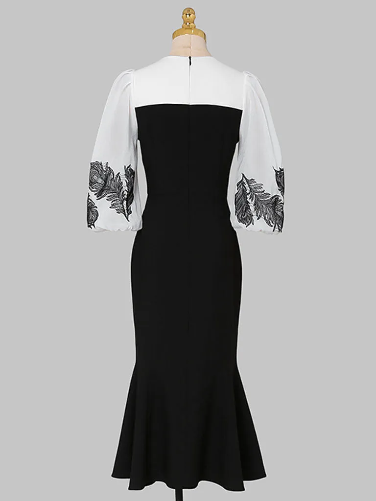 Black 1960S V Neck Vintage Puff Sleeve Bodycon Dress