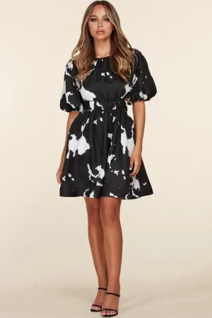 Black and White Puff Sleeve Mini Dress