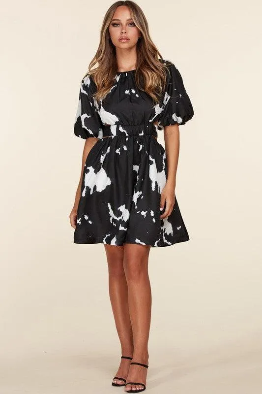 Black and White Puff Sleeve Mini Dress