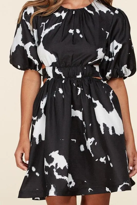 Black and White Puff Sleeve Mini Dress