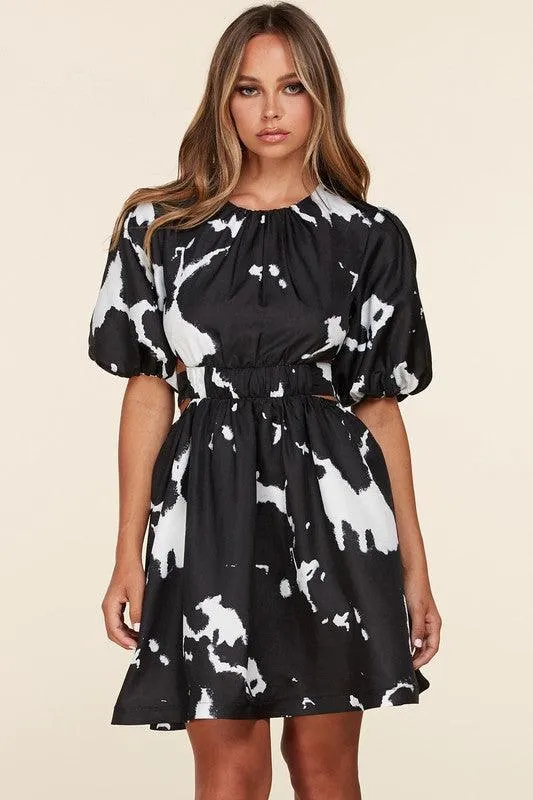 Black and White Puff Sleeve Mini Dress