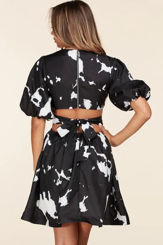 Black and White Puff Sleeve Mini Dress