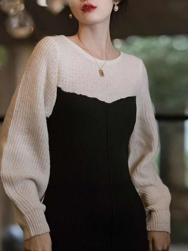 Black and White Split Long Sleeve Retro Knit Sweater Dress
