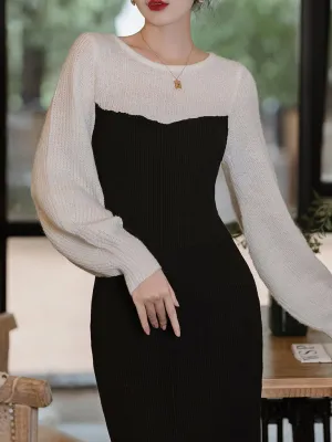 Black and White Split Long Sleeve Retro Knit Sweater Dress