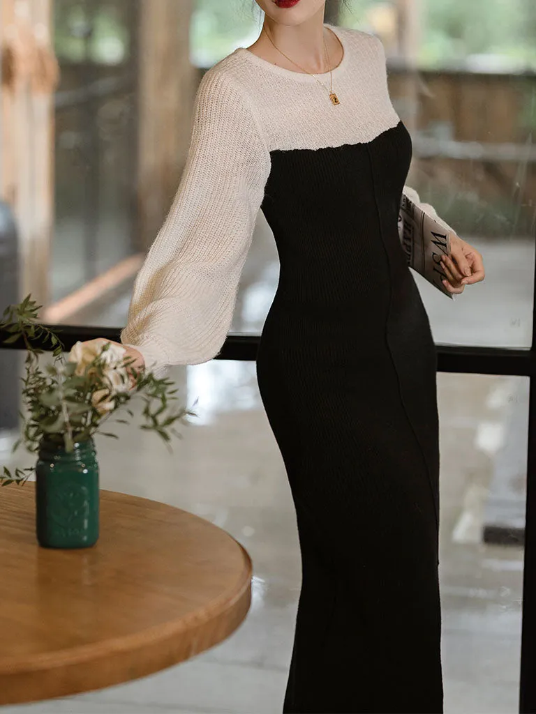 Black and White Split Long Sleeve Retro Knit Sweater Dress