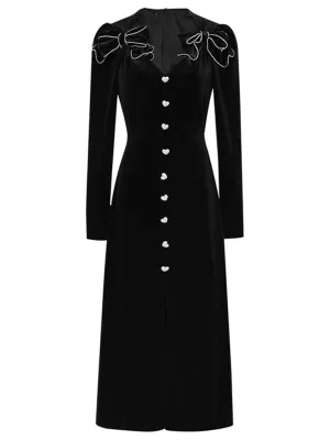 Black Bowknot V Neck Velvet Heart Button 1950S Vintage Dress