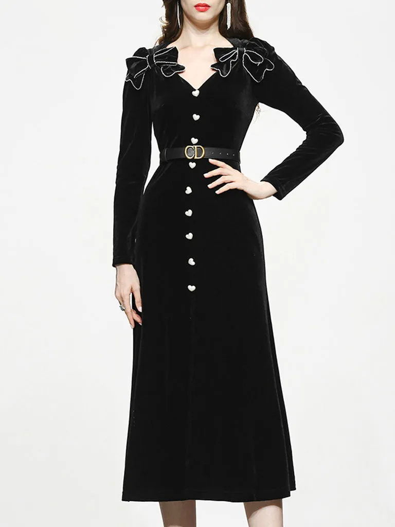 Black Bowknot V Neck Velvet Heart Button 1950S Vintage Dress