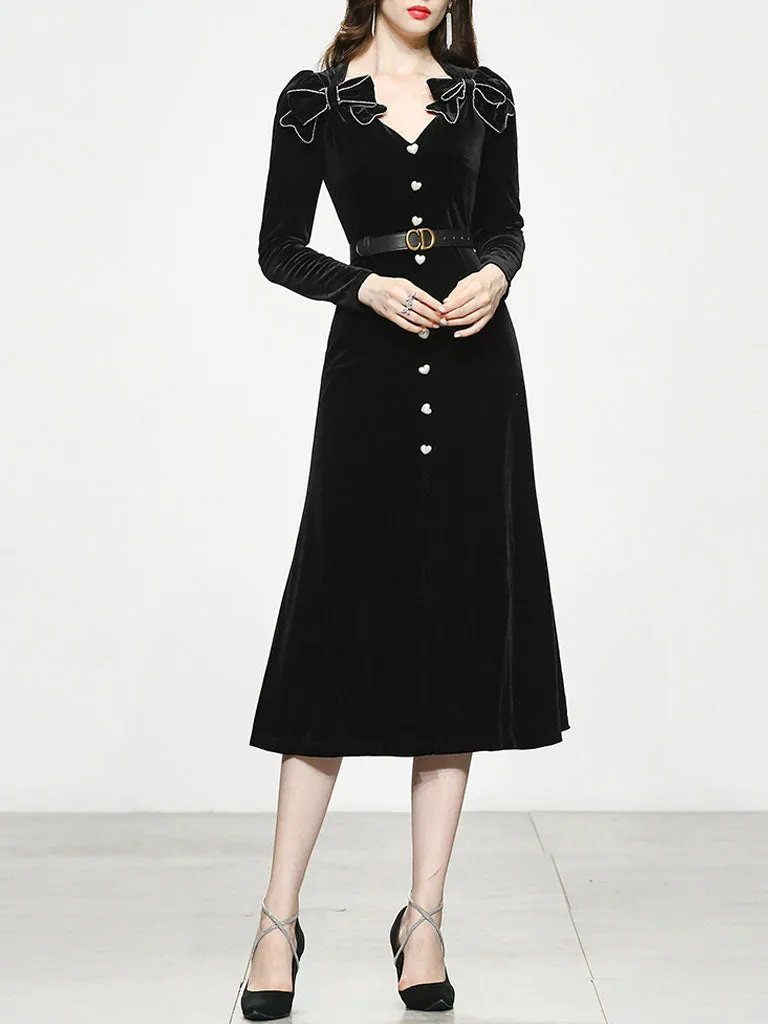 Black Bowknot V Neck Velvet Heart Button 1950S Vintage Dress