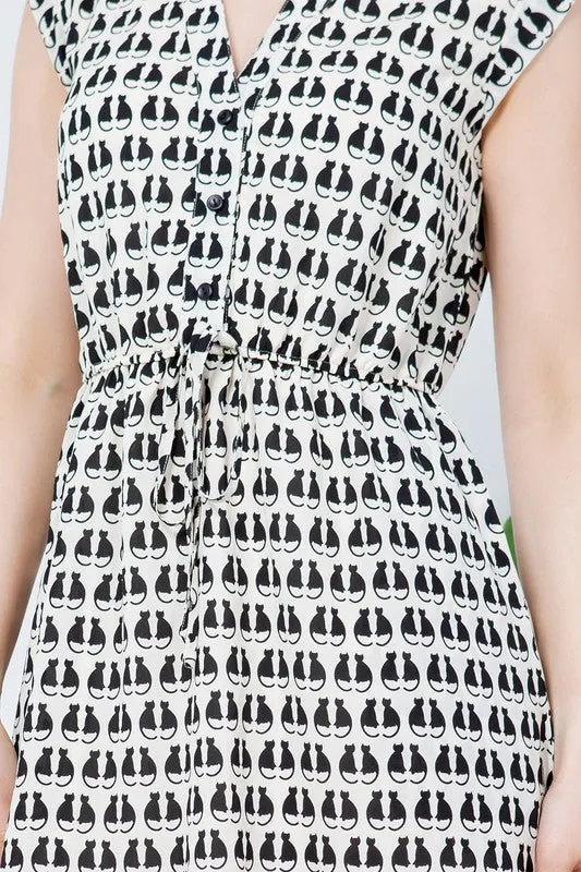 Black Cat Print Dress Cream