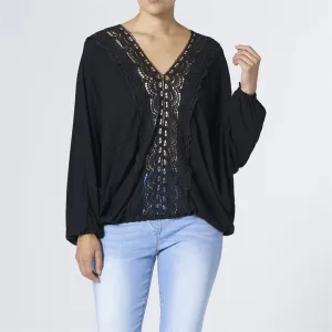 Black Crochet Panel Long Sleeve V-Neck Top