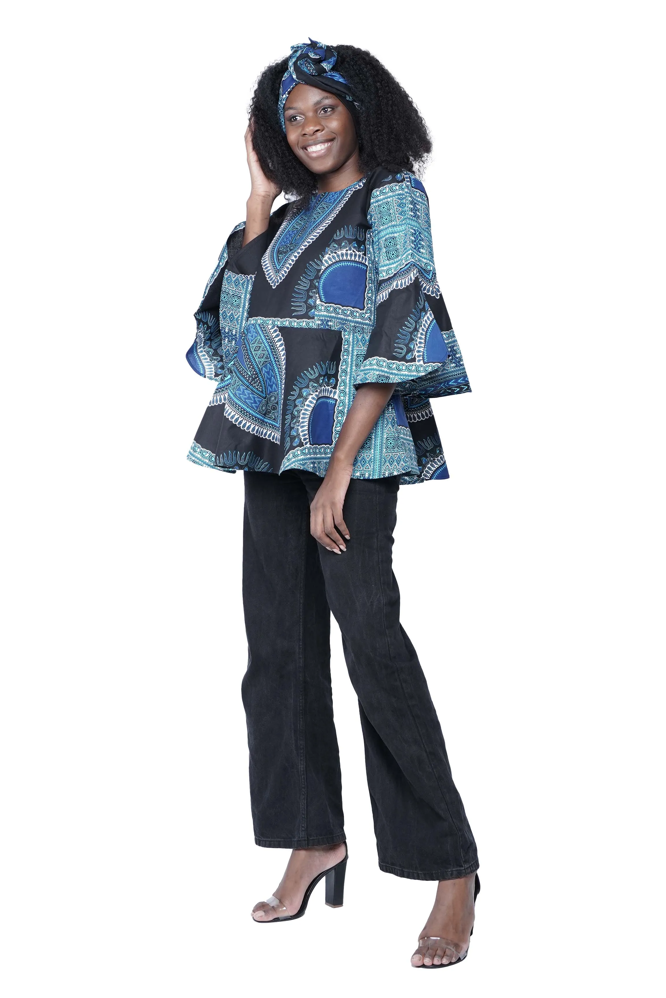 Black Dashiki Umbrella Sleeve Blouse