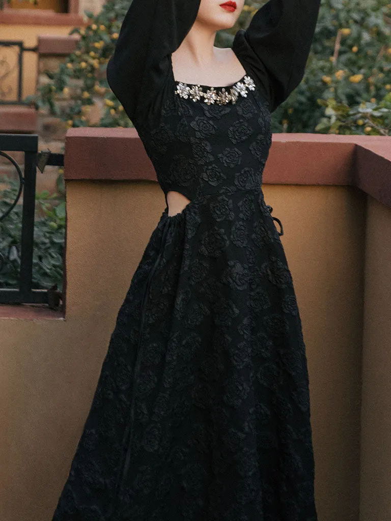 Black Glass Diamond Rose Jacquard Hollow-carved Dress 1950S Hepburn Style Outfits