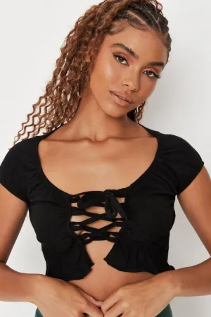 Black Laceup Front Cap Sleeve Milkmaid Top
