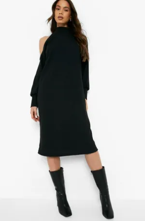 Black Long Sleeve Roll Neck Midi Dress