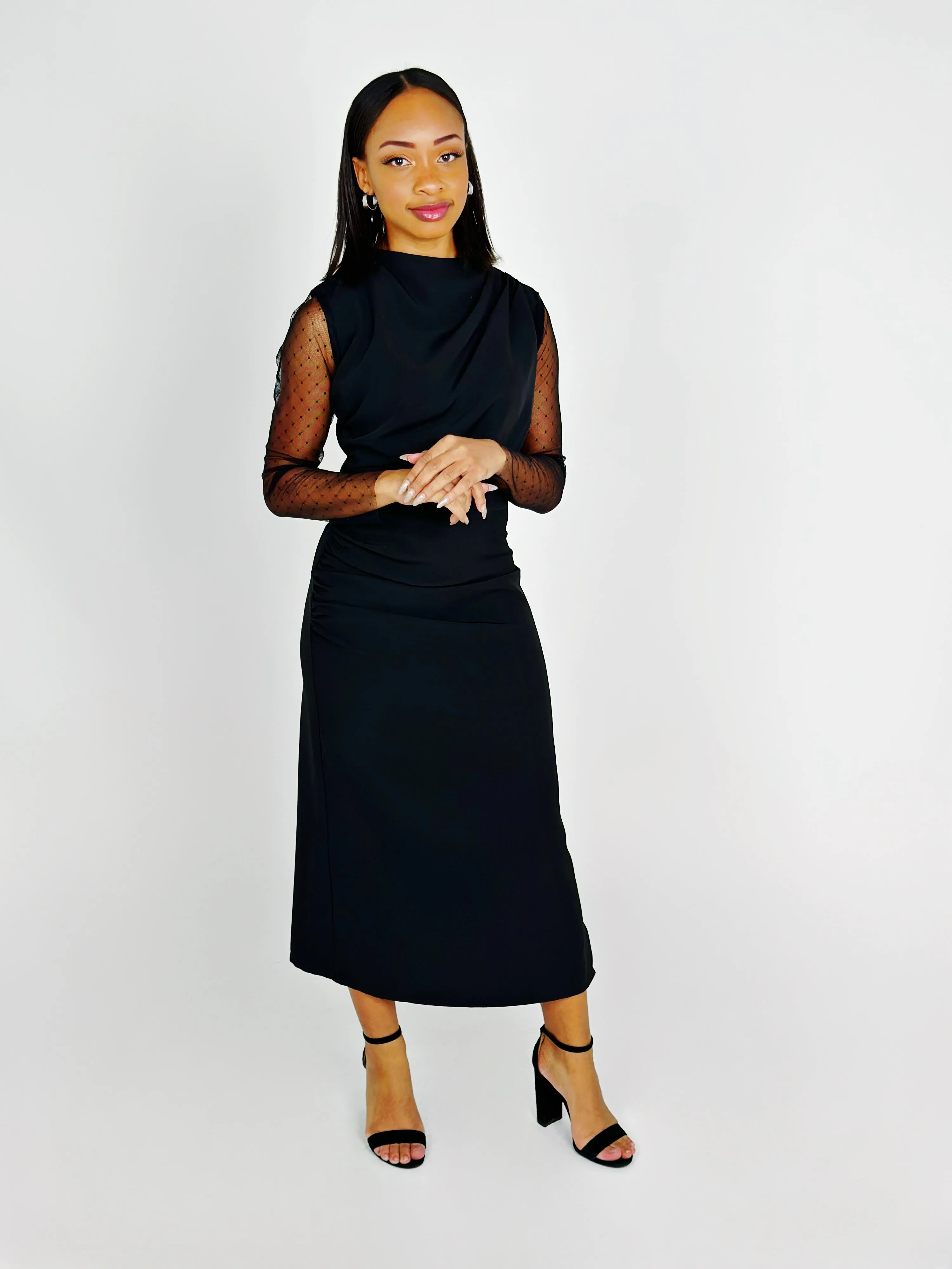 Black Mock Neck Long Sleeve Midi Dress