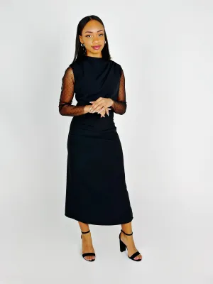 Black Mock Neck Long Sleeve Midi Dress