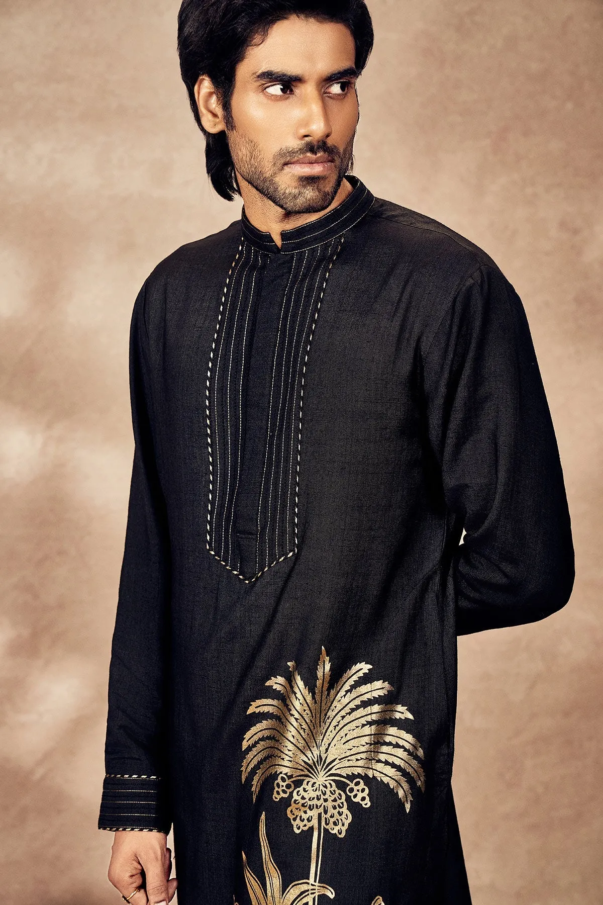Black Palm Blooms Kurta With Pants