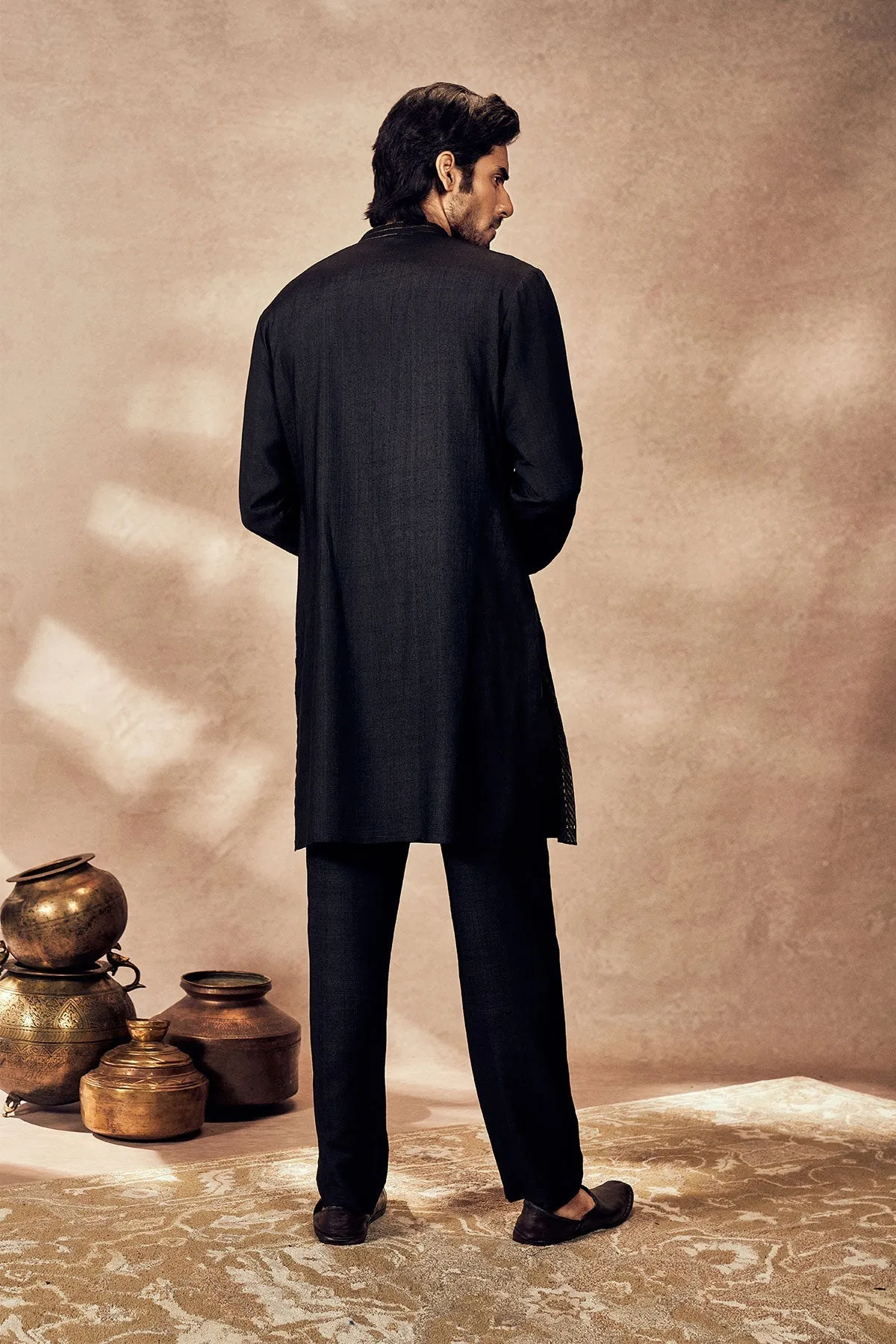 Black Palm Blooms Kurta With Pants