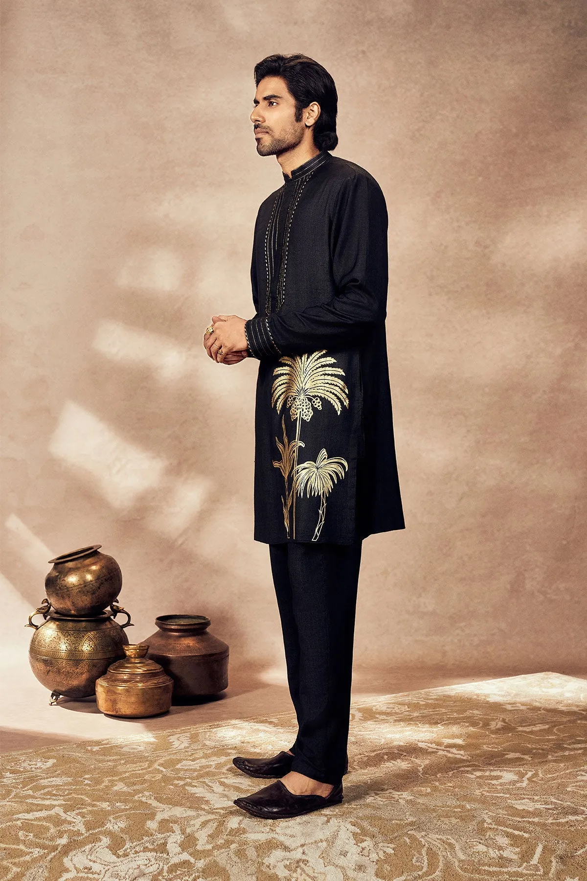 Black Palm Blooms Kurta With Pants