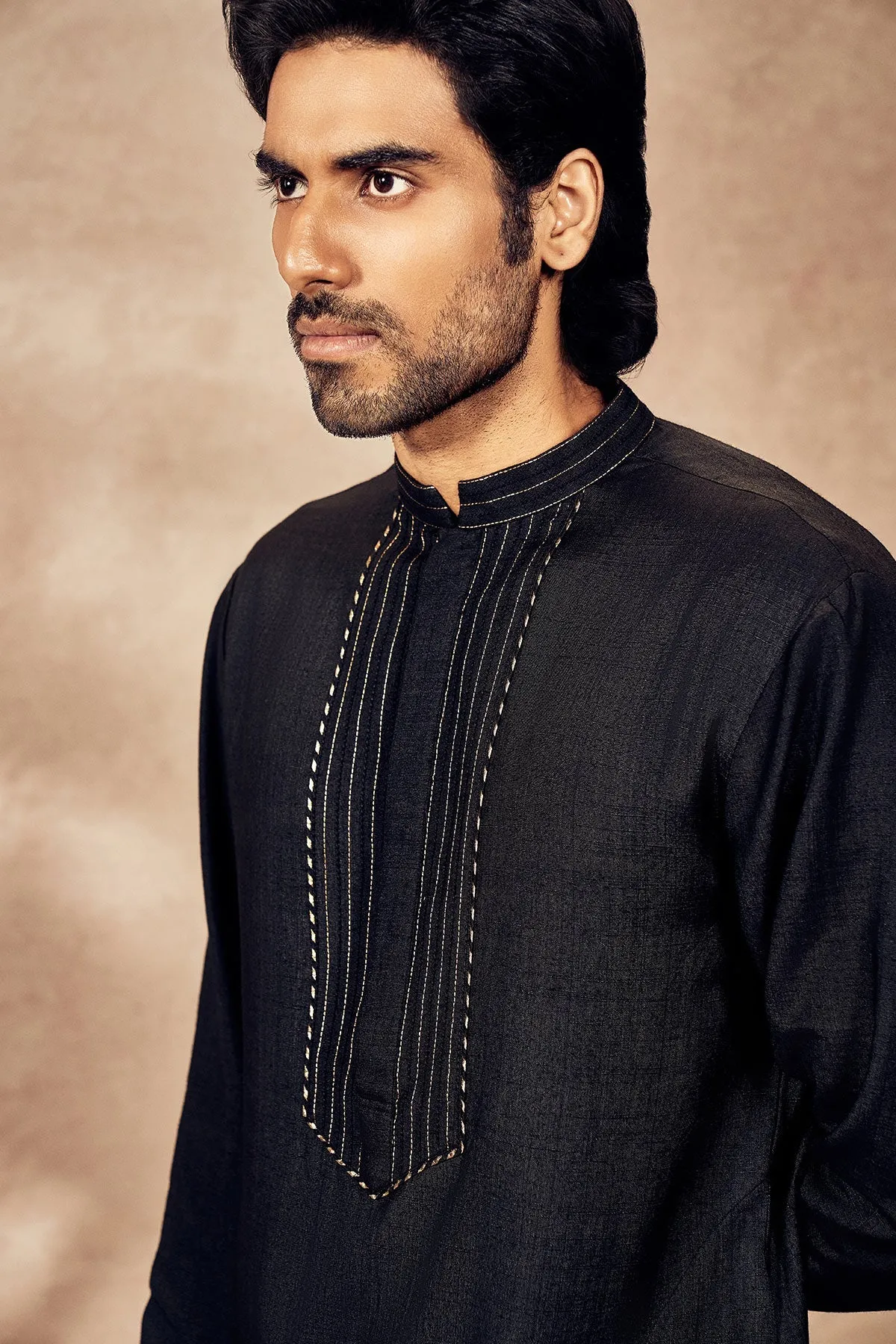 Black Palm Blooms Kurta With Pants