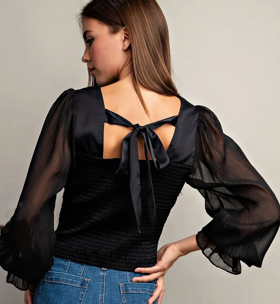 Black Sheer Sleeve Smocked Top