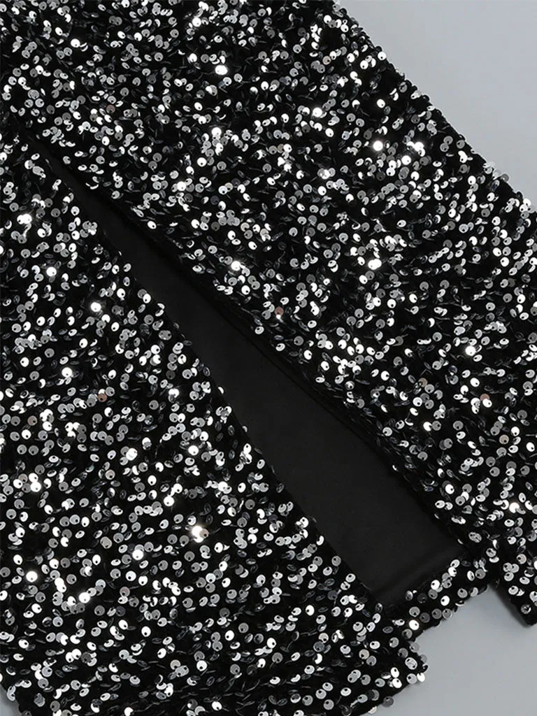Black Sweet Feather Hem Sequin Long Sleeve Bodycon Sexy Gown Party Dress