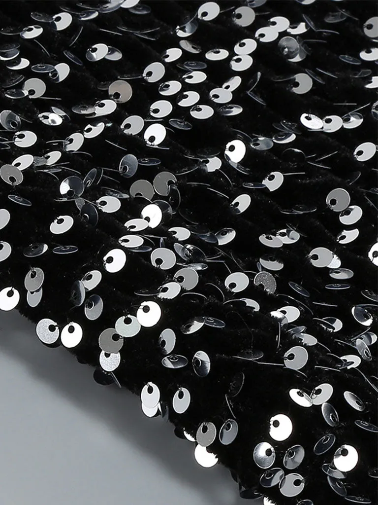 Black Sweet Feather Hem Sequin Long Sleeve Bodycon Sexy Gown Party Dress