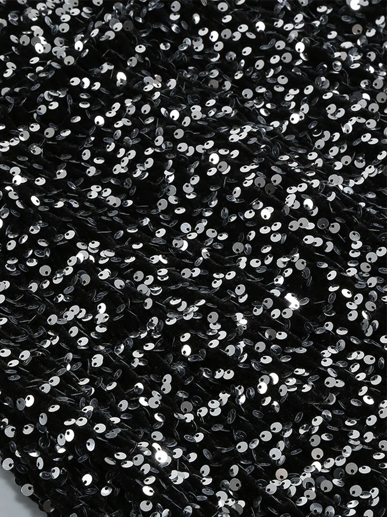 Black Sweet Feather Hem Sequin Long Sleeve Bodycon Sexy Gown Party Dress