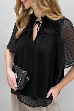 Black Swiss Dot Lace up Frilled V Neck Short Sleeve Blouse