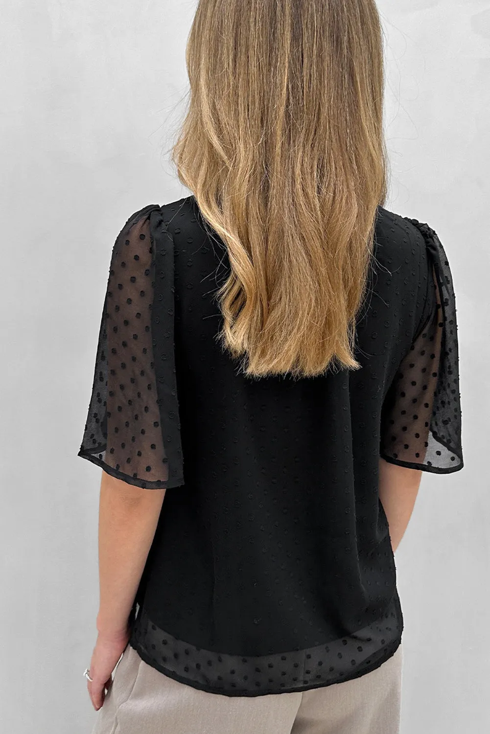 Black Swiss Dot Lace up Frilled V Neck Short Sleeve Blouse