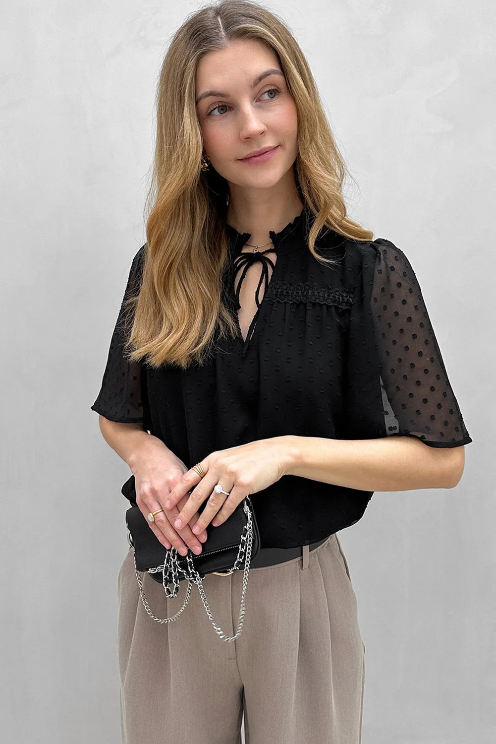 Black Swiss Dot Lace up Frilled V Neck Short Sleeve Blouse