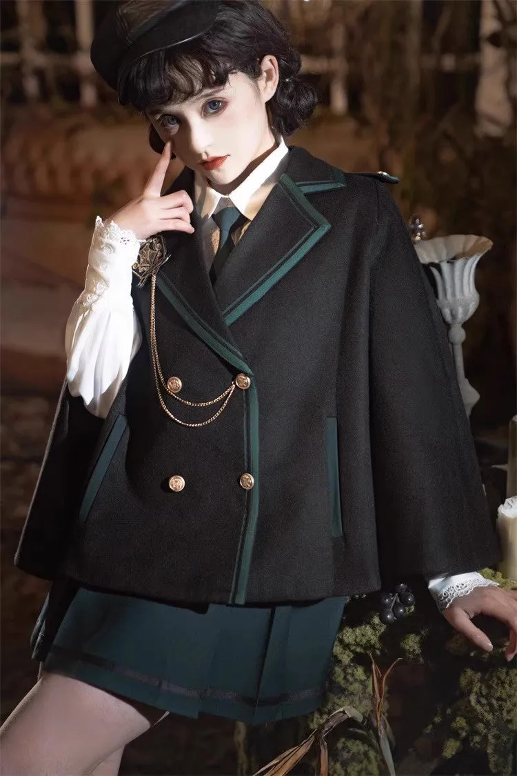 Black/Green Magic Academy Lapel Collar Gothic Vintage College Style Lolita Skirt Full Set