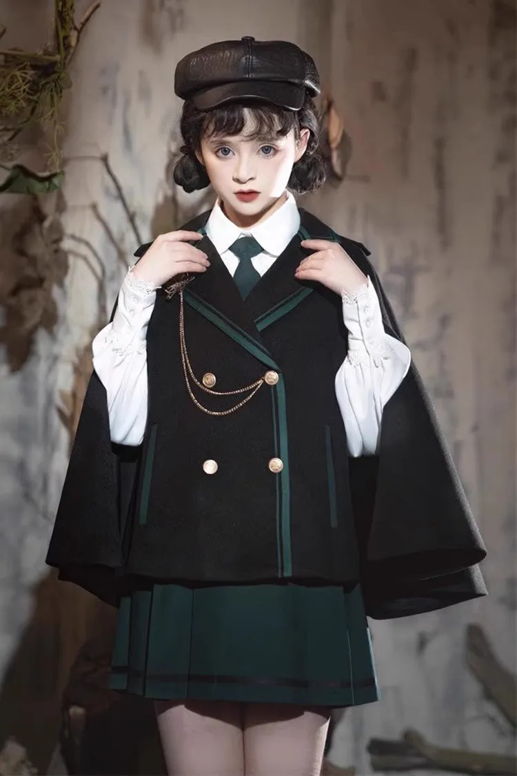 Black/Green Magic Academy Lapel Collar Gothic Vintage College Style Lolita Skirt Full Set