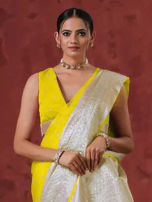 Blouse - Canary Sleeveless Organza with Embroidery and Silver edge Waist