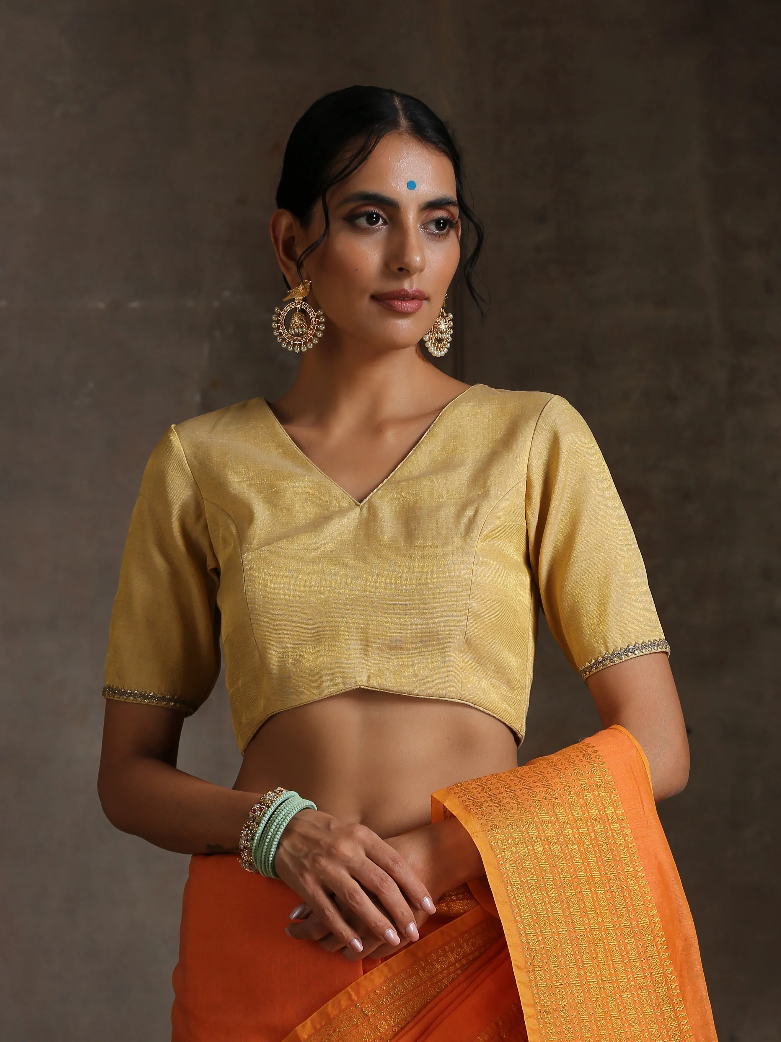 Blouse - Gold Uppada with Lace on Sleeves