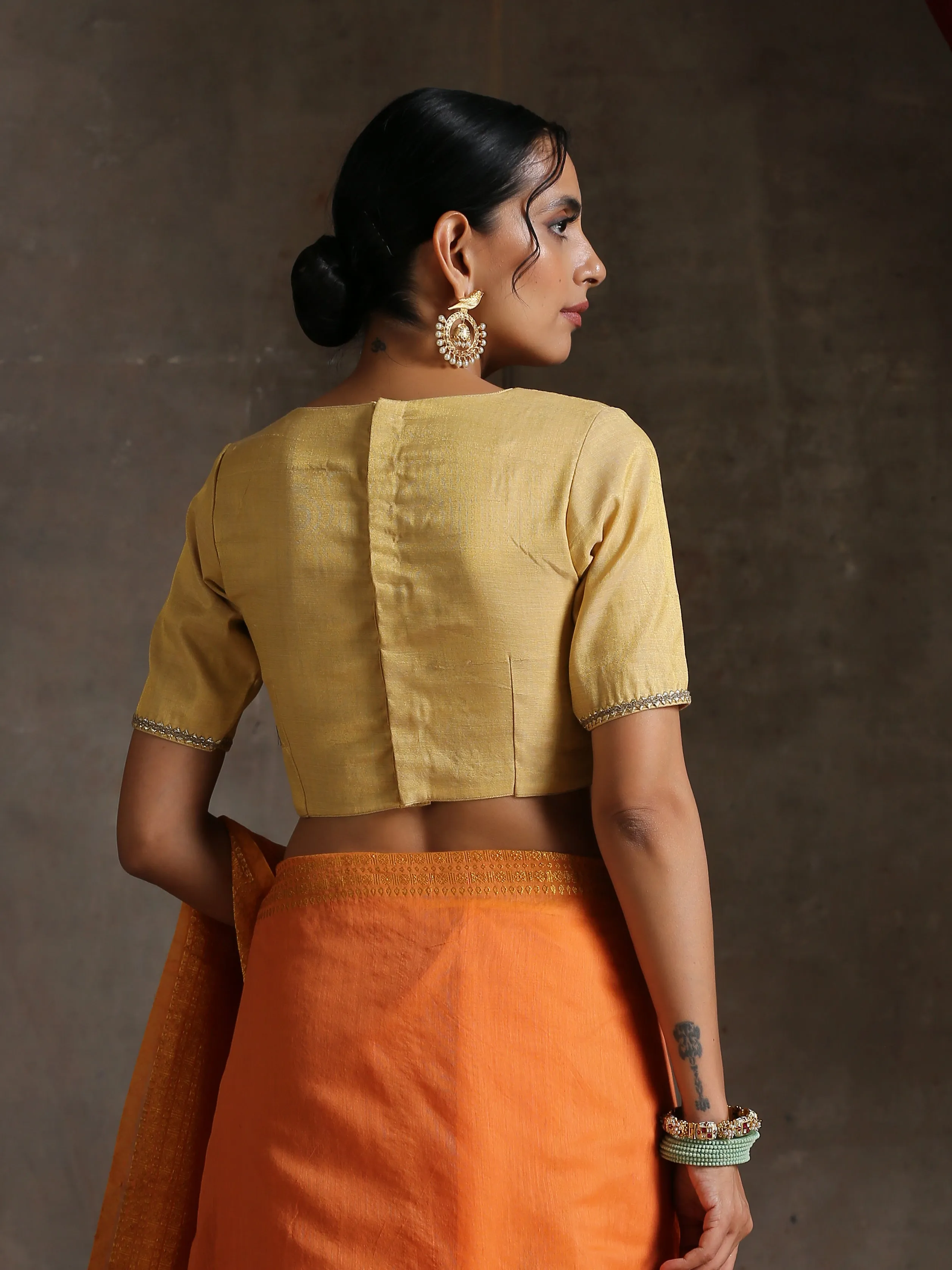 Blouse - Gold Uppada with Lace on Sleeves