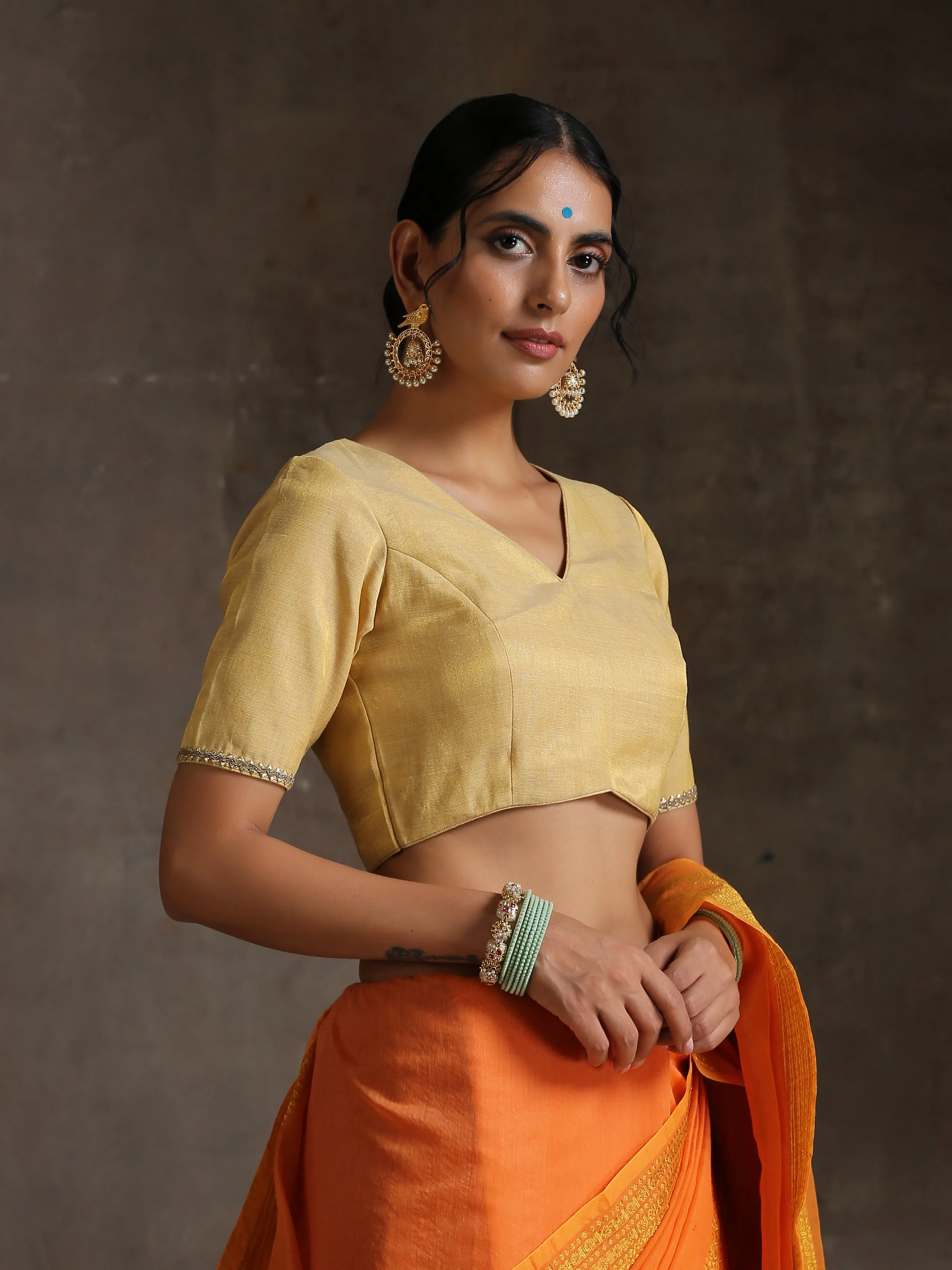 Blouse - Gold Uppada with Lace on Sleeves
